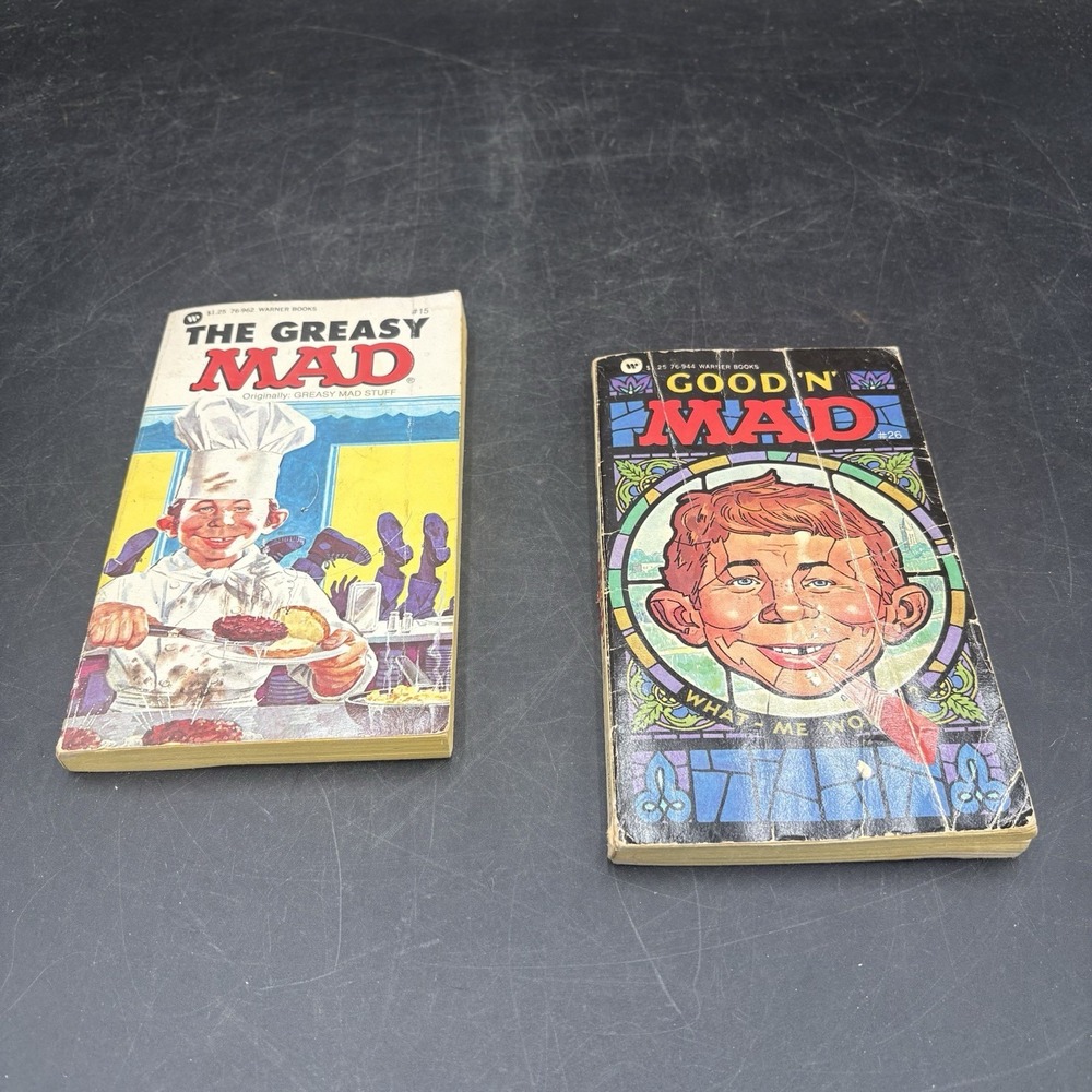 Two Vintage Warner Books,The Greasy Mad &Good 'N' Mad, Paperback , Mad Magazine